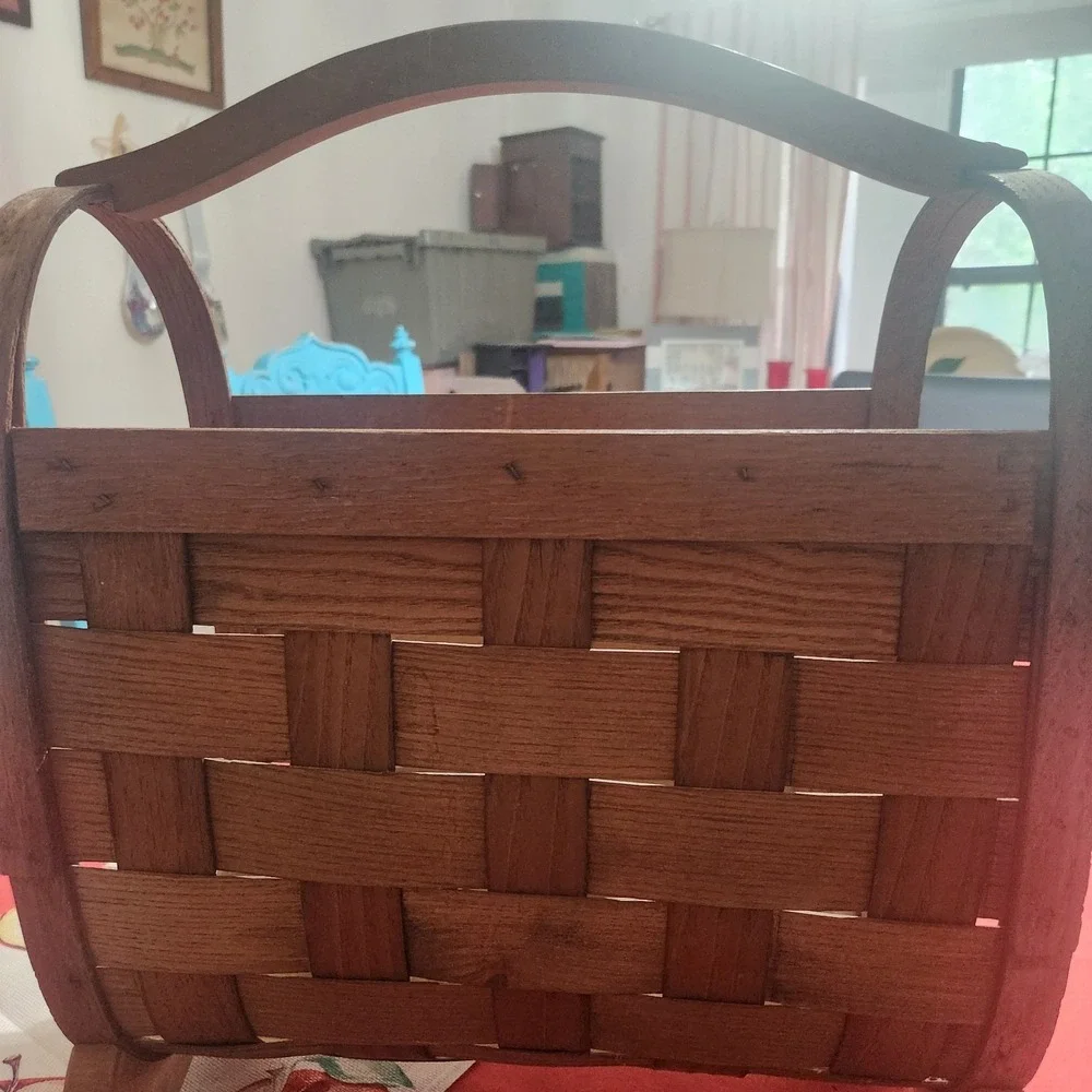 Vintage Handmade Wooden Woven Basket Magazine Rack Farmhouse Primitive Decor